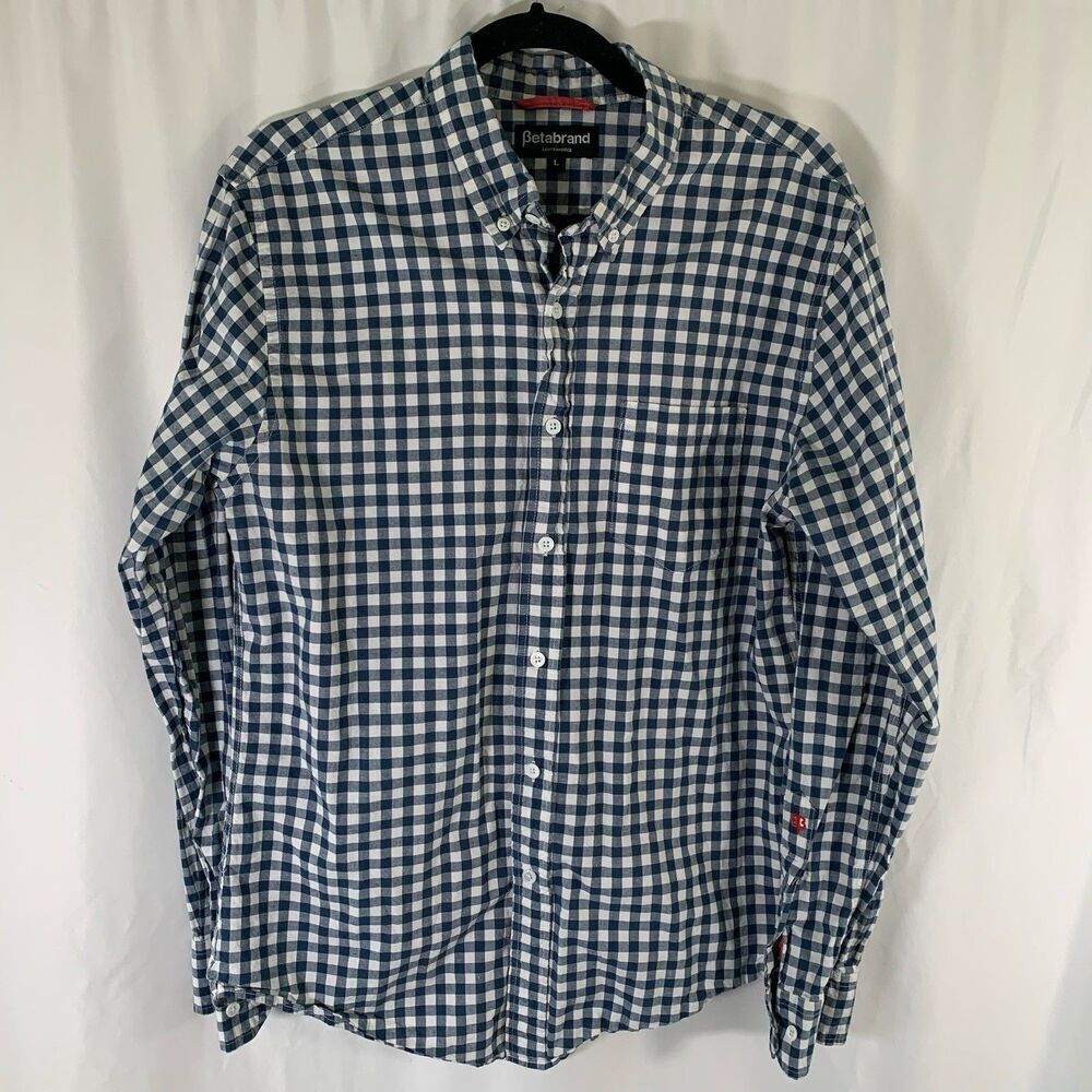 Betabrand Dress Shirt Men's Large Blue White Button Up Long Sleeve Cotton Blend